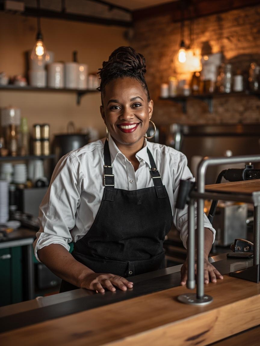 Ms. Jean, owner of Jean's Southern Cuisine, smiling in her restaurant